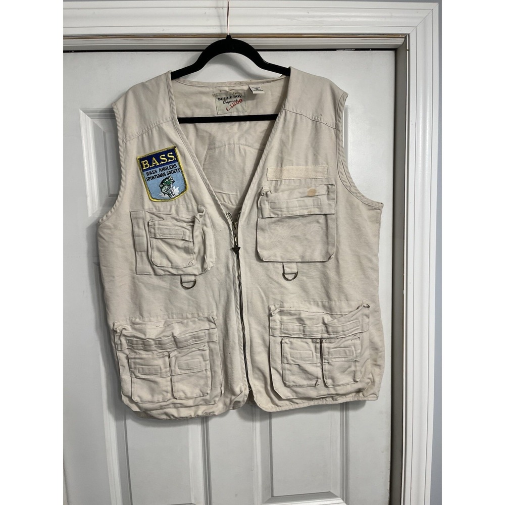 BUGLE BOY Fishing Vest Zip Cargo Patched Khaki Sz Medium Bass Club Distressed